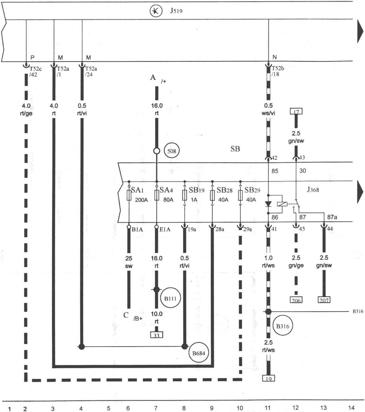 图3-4-26 刮水器电机转换继电器1、车载电网控制单元、保险丝架A上的保险丝、保险丝座B、保险丝架B上的保险丝